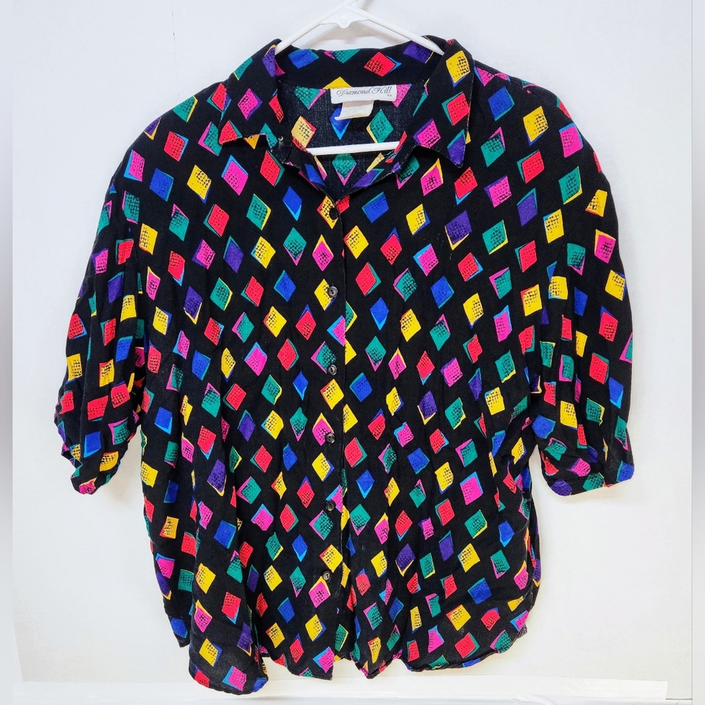 Diamond Hill Shirt Womens 38 Black Art Deco Short Sleeve Button Up 80s Vtg 0056
